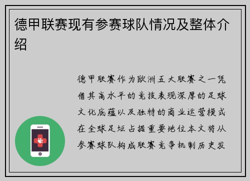 德甲联赛现有参赛球队情况及整体介绍